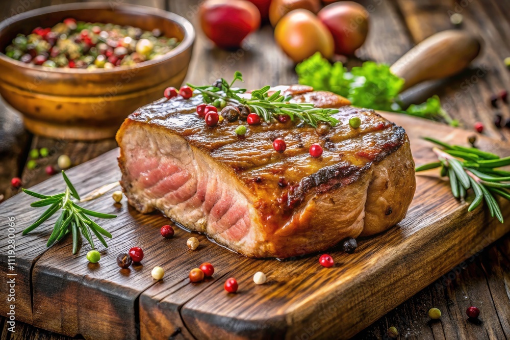 Juicy Pork Steak, Wood Board, Gourmet Food Photography, High Depth of Field, Delicious Recipe Juicy Pork Steak, Wood Board, Gourmet Food Photography, High Depth of Field, Delicious Recipe