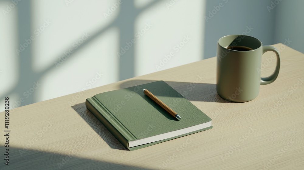 A serene workspace features a green notebook, a pen, and a coffee mug, illuminated by soft natural light. A serene workspace features a green notebook, a pen, and a coffee mug, illuminated by soft natural light.
