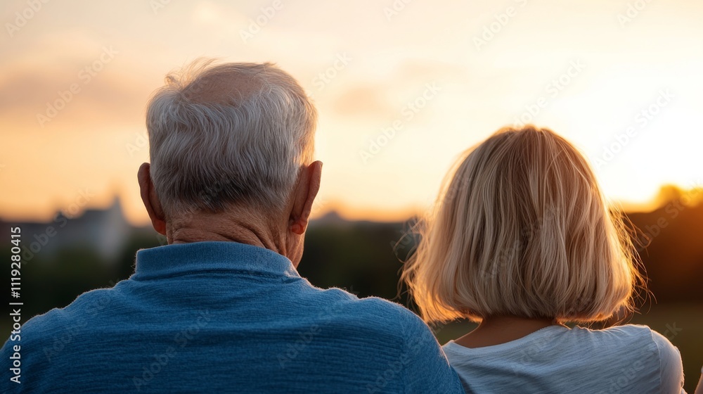 A serene sunset view featuring an older couple enjoying a peaceful moment together, symbolizing love and companionship. A serene sunset view featuring an older couple enjoying a peaceful moment together, symbolizing love and companionship.