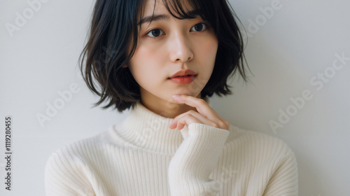 Young Asian Woman with Short Hair in Cozy White Turtleneck Sweater