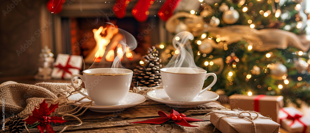A peaceful depiction of steaming tea cups placed on a rustic table beside a fireplace. A peaceful depiction of steaming tea cups placed on a rustic table beside a fireplace.