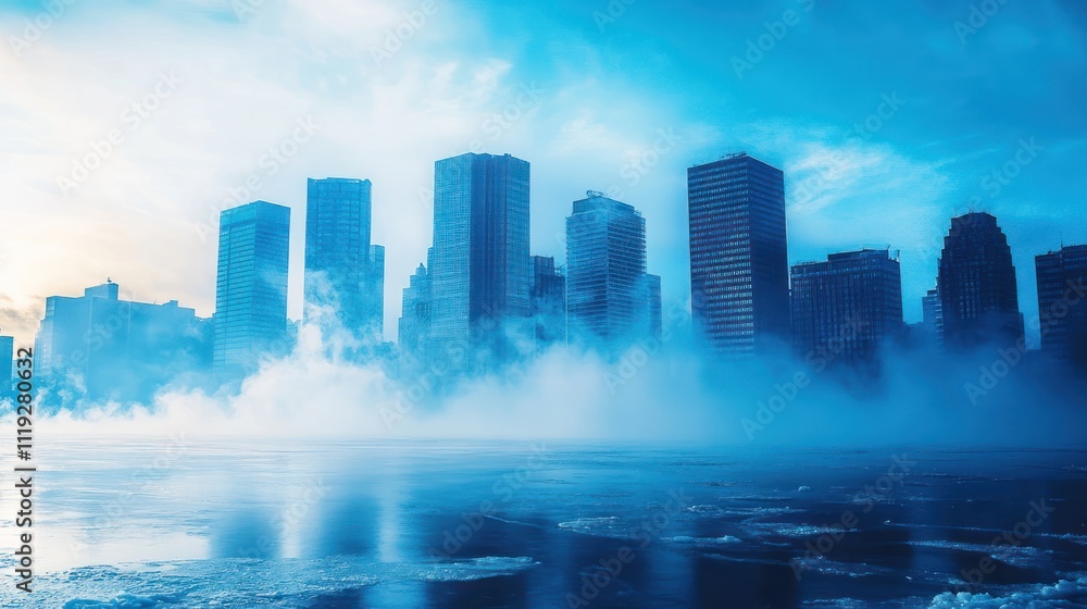 A misty city skyline at dawn, shrouded in fog over a frozen body of water. A misty city skyline at dawn, shrouded in fog over a frozen body of water.