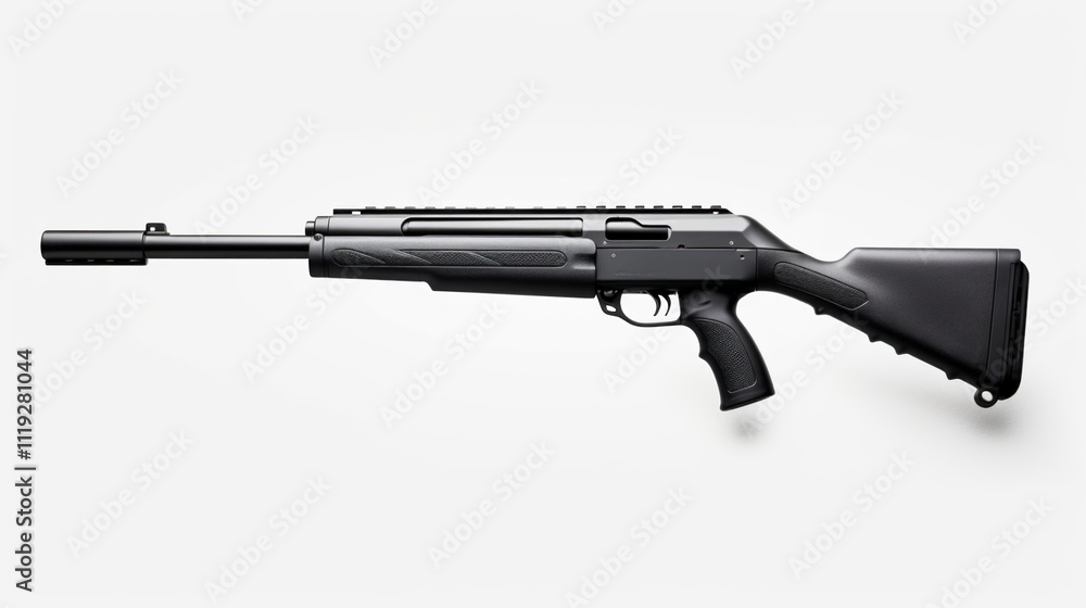 Modern black assault rifle with optical sight and red trigger, isolated on white background in studio setting Modern black assault rifle with optical sight and red trigger, isolated on white background in studio setting