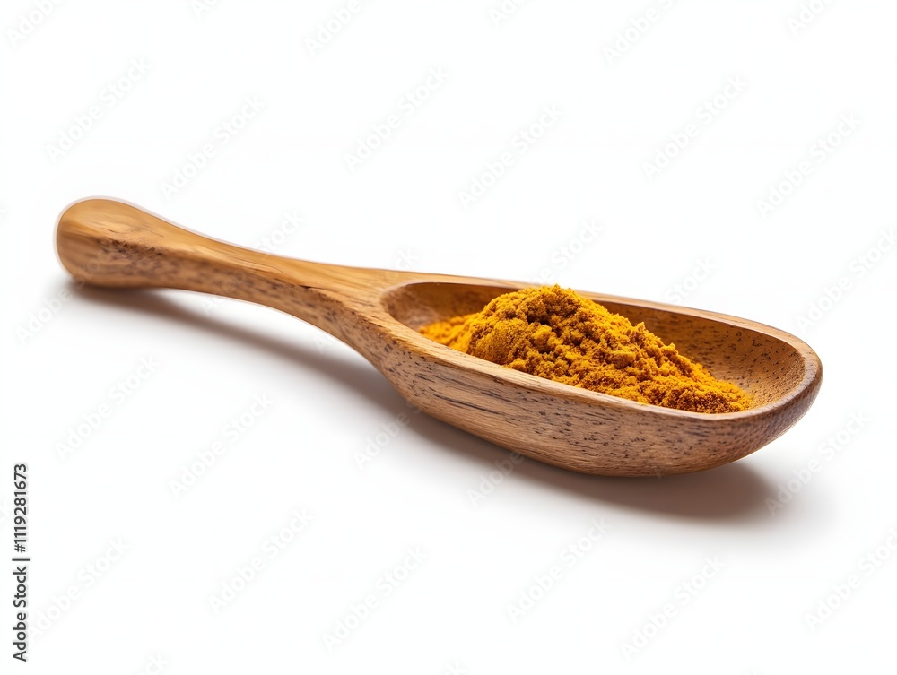 Wooden spoon holds a heaping amount of turmeric powder Wooden spoon holds a heaping amount of turmeric powder