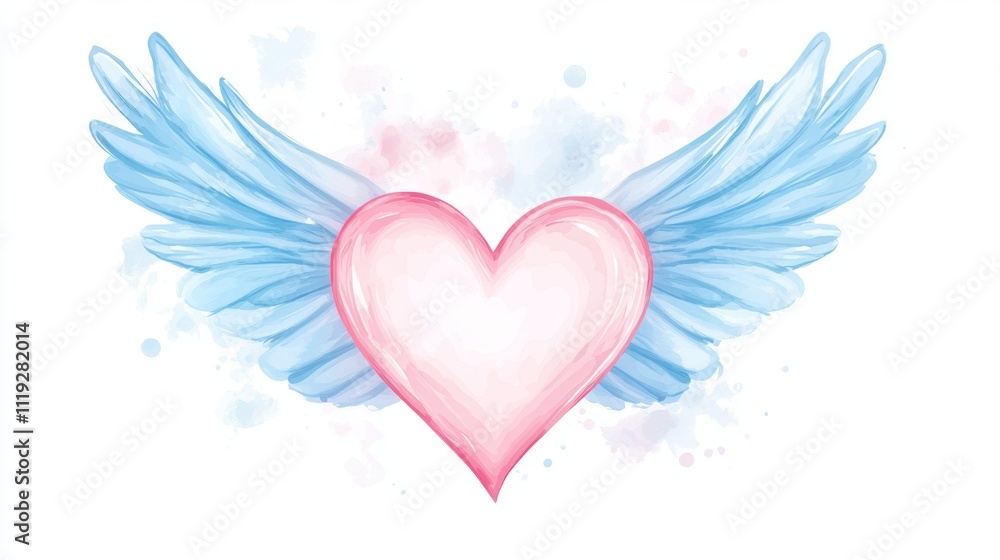 Whimsical Pink Heart with Light Blue Wings on White Background, Watercolor Flat Design Style, Perfect for Valentine's Day or Love Themed Projects Generative AI Whimsical Pink Heart with Light Blue Wings on White Background, Watercolor Flat Design Style, Perfect for Valentine's Day or Love Themed Projects Generative AI