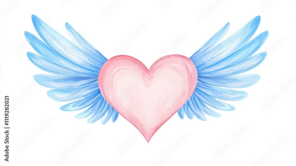 Whimsical Pink Heart with Light Blue Wings on White Background, Watercolor Flat Design Style, Perfect for Valentine's Day or Love Themed Projects Generative AI