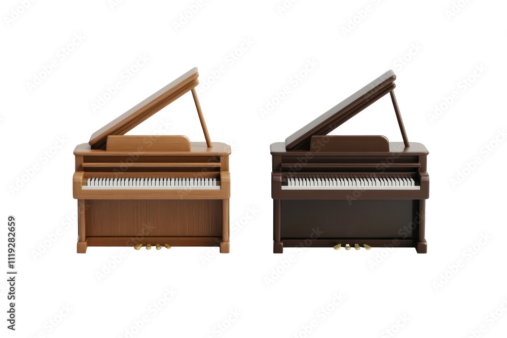 Grand Piano Duo: Two grand pianos in mahogany and walnut finishes, showcasing their elegant design and musical potential. Grand Piano Duo: Two grand pianos in mahogany and walnut finishes, showcasing their elegant design and musical potential.