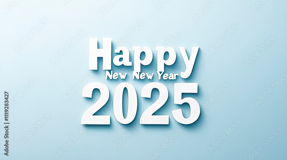 Celebrating delicate paper cut-out letters spelling Happy New Year 2025 with soft shadows on a light blue background. Celebrating delicate paper cut-out letters spelling Happy New Year 2025 with soft shadows on a light blue background.