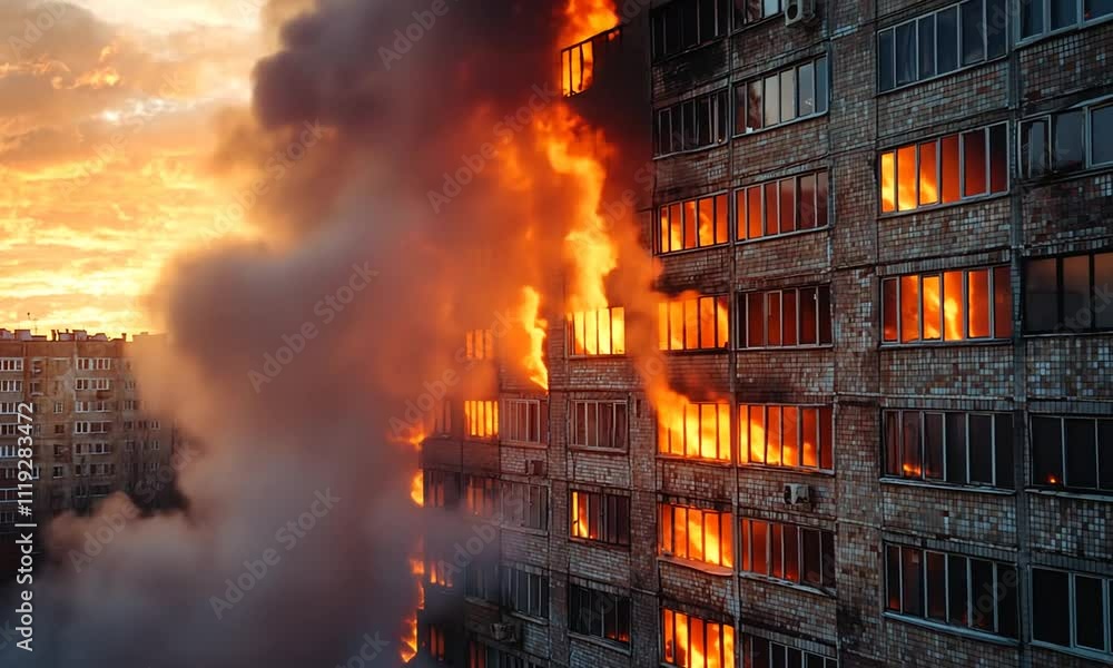 Dramatic Urban Fire at Dusk: Fiery Blaze Illuminates the Apartment Building's Facade Dramatic Urban Fire at Dusk: Fiery Blaze Illuminates the Apartment Building's Facade