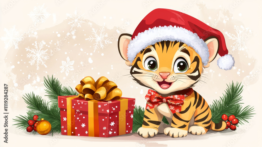 Christmas set with funny baby tiger character in red Santa Claus hat, with gift box and greeting banner. Vector cartoon illustration of cute kitten sneaks near present with bow and garland Christmas set with funny baby tiger character in red Santa Claus hat, with gift box and greeting banner. Vector cartoon illustration of cute kitten sneaks near present with bow and garland