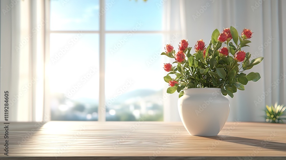 Red Flowers in a White Vase by a Window Red Flowers in a White Vase by a Window