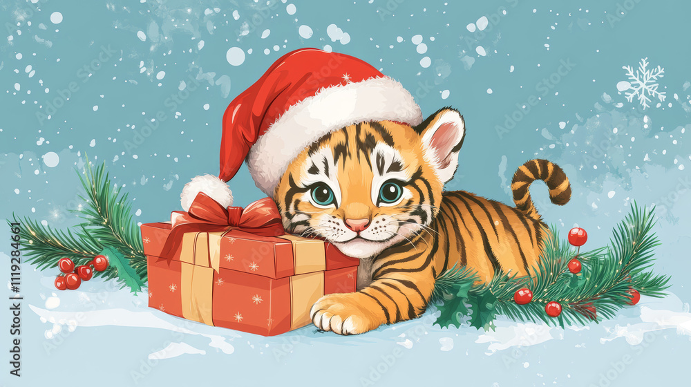 Christmas set with funny baby tiger character in red Santa Claus hat, with gift box and greeting banner. Vector cartoon illustration of cute kitten sneaks near present with bow and garland Christmas set with funny baby tiger character in red Santa Claus hat, with gift box and greeting banner. Vector cartoon illustration of cute kitten sneaks near present with bow and garland