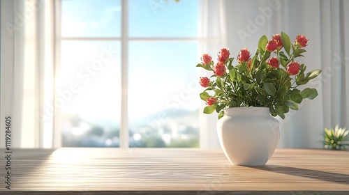 Red Flowers in a White Vase by a Window