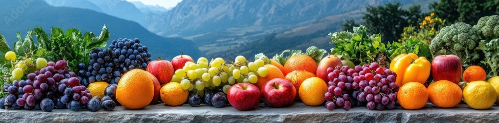 Panoramic View of Various Fruits and Vegetables Arranged Beautifully