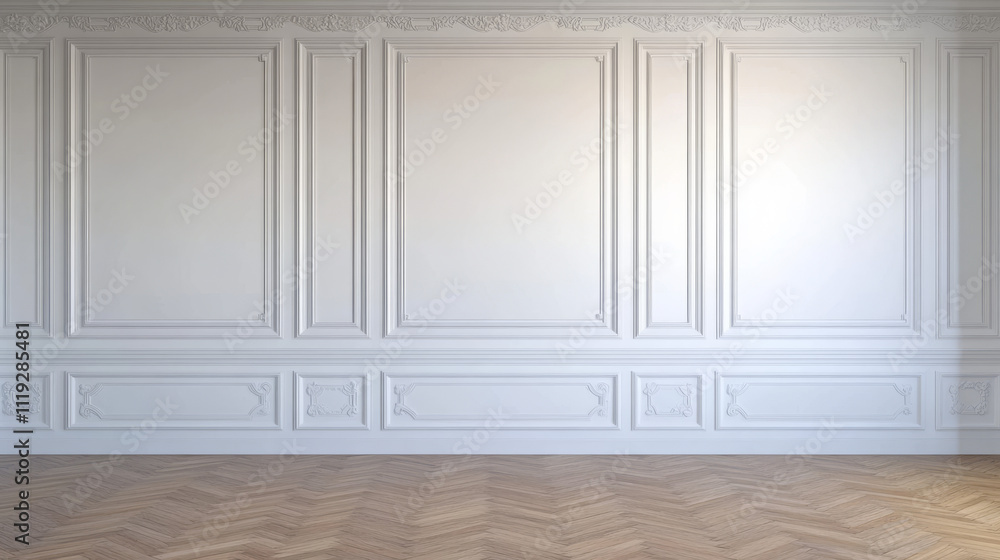 Wall with white classic decoration panel and wood floor. House or museum room interior with victorian style moulding frames. Realistic vector illustration of traditional elegant molding plaster decor. Wall with white classic decoration panel and wood floor. House or museum room interior with victorian style moulding frames. Realistic vector illustration of traditional elegant molding plaster decor.