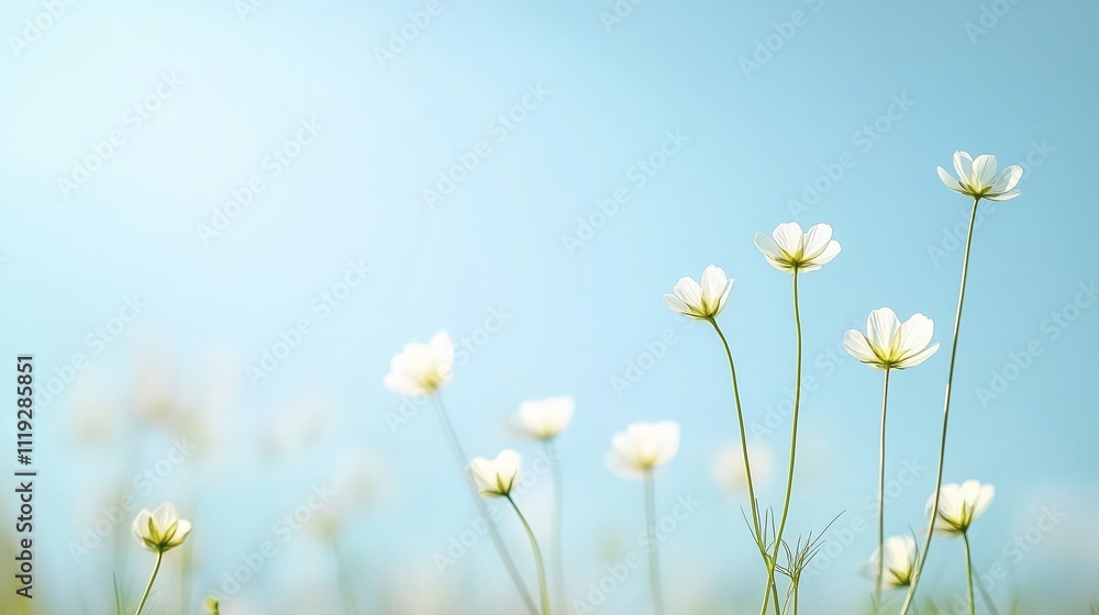 Fototapeta premium Delicate white flowers bloom under a clear blue sky in a tranquil meadow during a sunny morning