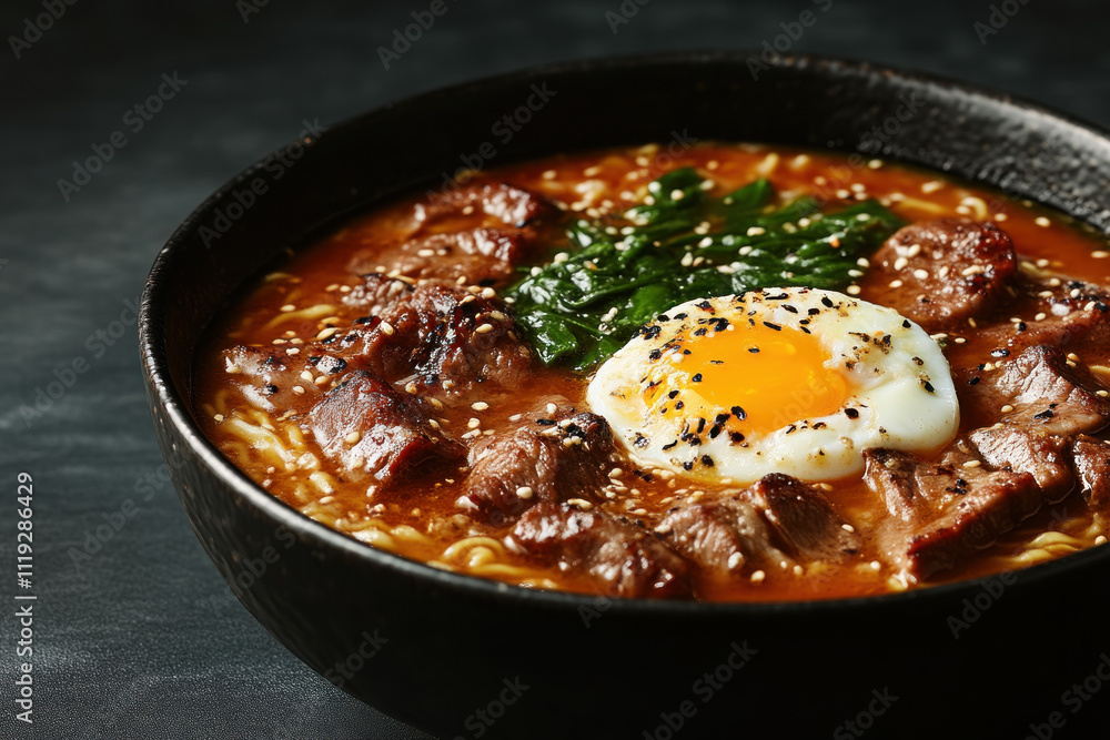 Spicy ramen with beef, egg, and spinach in a black bowl. Spicy ramen with beef, egg, and spinach in a black bowl.