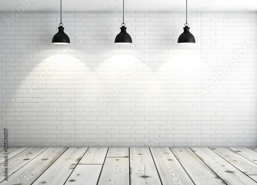 Three black pendant lights hanging above a wooden floor and a white brick wall.