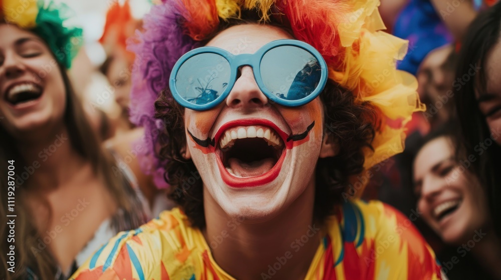 A person in a vibrant costume making a silly face at a party, surrounded by laughing friends. A person in a vibrant costume making a silly face at a party, surrounded by laughing friends.