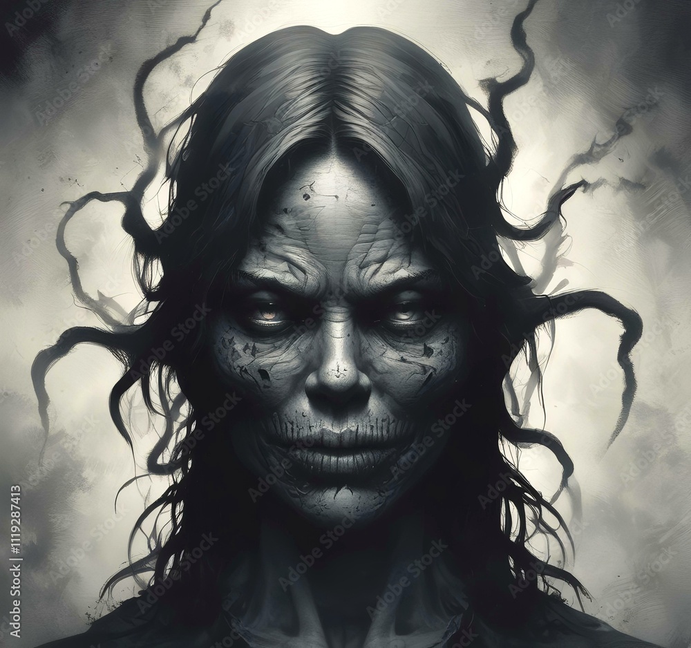 Illustration of spooky face with distopian environment. Illustration of spooky face with distopian environment.