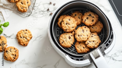 Freshly baked chocolate chip cookies in an air fryer on a marble countertop.