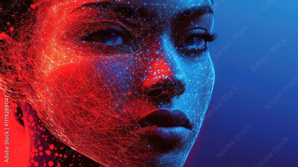 A digitally enhanced portrait of a woman illuminated with vibrant blue and red lights. A digitally enhanced portrait of a woman illuminated with vibrant blue and red lights.
