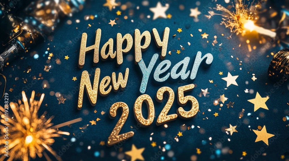 Fototapeta premium Ring in 2025 with vivid turquoise lettering on a navy canvas, with accents of sparkling gold stars and fireworks.