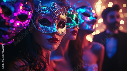 A vibrant New Year's 2025 masquerade ball with colorful masks and elegant decor