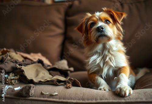 Canine culprit caught red-pawed, a guilty glimmer in his eye as he surveys the devastation he's wrought - a mangled couch, all victims of his rambunctious rampage photo