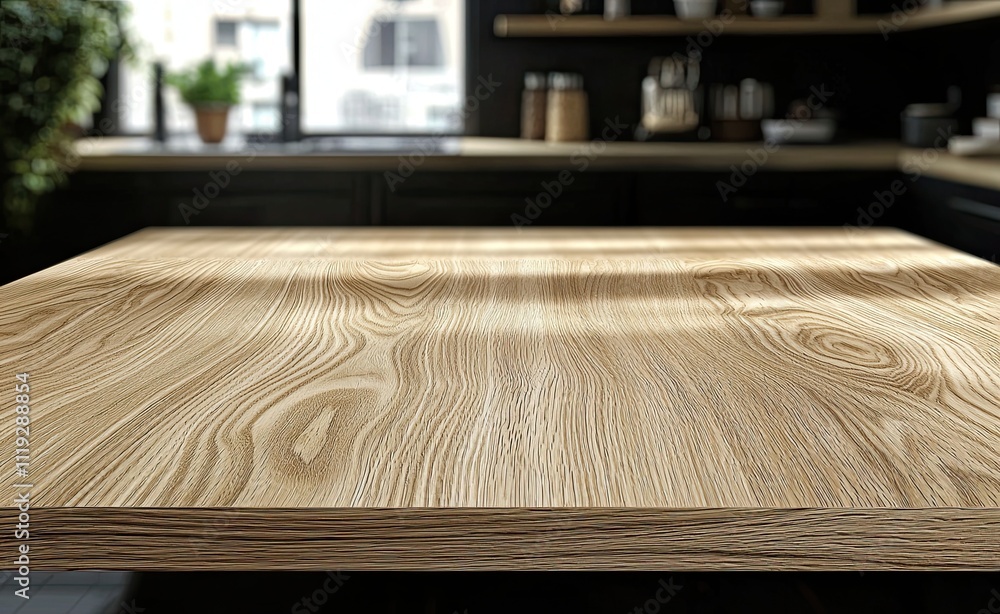 Empty light wood table top with a blurred kitchen interior background for product display montage Empty light wood table top with a blurred kitchen interior background for product display montage
