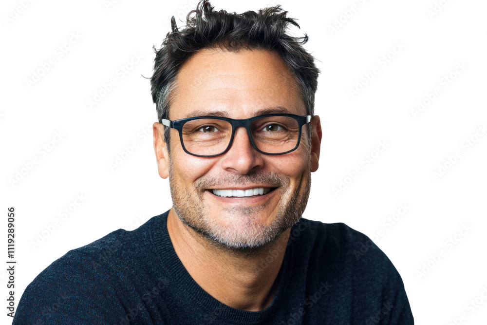 Smiling Man Portrait: A charismatic middle-aged man with dark hair and glasses beams radiantly, conveying confidence and approachability. Smiling Man Portrait: A charismatic middle-aged man with dark hair and glasses beams radiantly, conveying confidence and approachability.