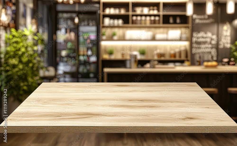 Empty light wood table top with a blurred kitchen interior background for product display montage Empty light wood table top with a blurred kitchen interior background for product display montage