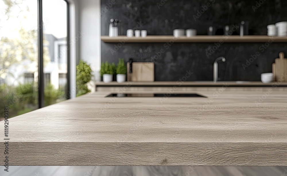 Empty light wood table top with a blurred kitchen interior background for product display montage Empty light wood table top with a blurred kitchen interior background for product display montage