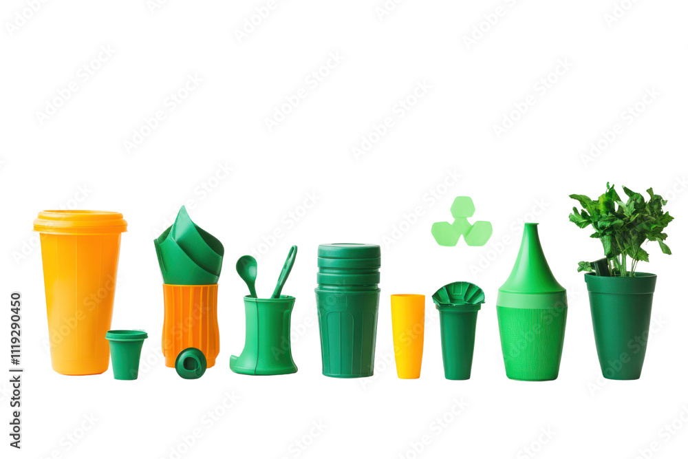 Fototapeta premium Recycled plastic products for home and garden, promoting eco-friendly practices, isolated on transparent and white background.PNG image