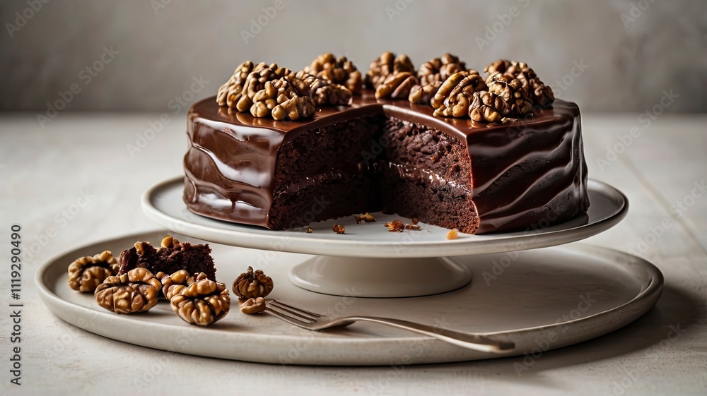 Freshly prepared delicious chocolate cake with walnuts on a white table on a cake stand Freshly prepared delicious chocolate cake with walnuts on a white table on a cake stand