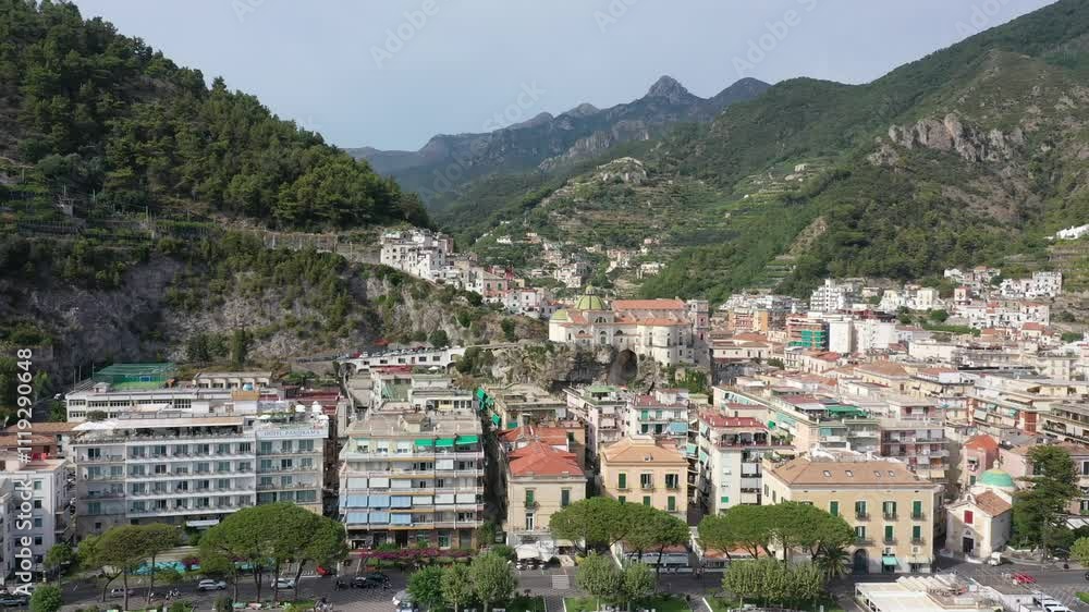 Aerial view of sea with boats and beach, central part of Maiori town, Amalfi Coast and sea on a summer sunny day, Italy Aerial view of sea with boats and beach, central part of Maiori town, Amalfi Coast and sea on a summer sunny day, Italy