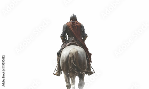 A knight in armor riding a horse, facing away against a white background. photo