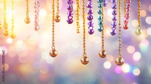 Colorful beaded chains with golden ornaments hanging