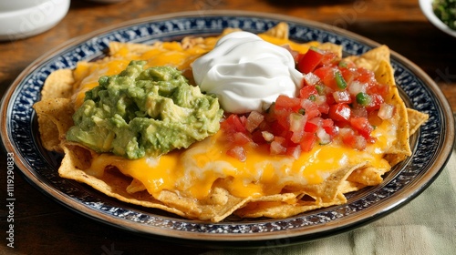Delicious nachos with melted cheese, guacamole, salsa, and sour cream on a plate