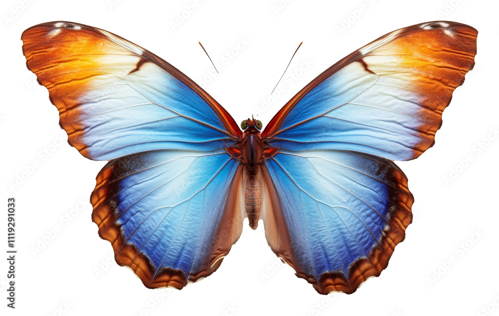 Obraz premium Colorful blue and orange butterfly with detailed wings on transparent background, nature and biodiversity concept