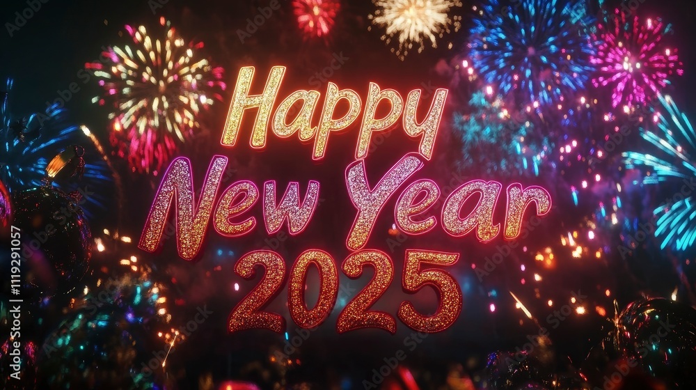 Wishing 2025 a festive New Year with shimmering script against an explosion of colorful fireworks in the night. Wishing 2025 a festive New Year with shimmering script against an explosion of colorful fireworks in the night.