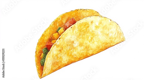 Watercolor painting of a delicious taco filled with seasoned meat and vegetables.