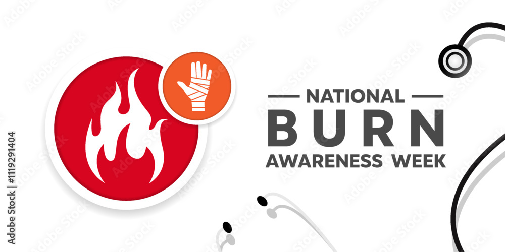National Burn Awareness Week. Fire, hand and stesthoscope. Great for cards, banners, posters, social media and more. White background. National Burn Awareness Week. Fire, hand and stesthoscope. Great for cards, banners, posters, social media and more. White background.