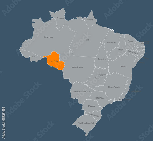 Map of brazil Highlighting Rondônia with Labeled Provinces photo