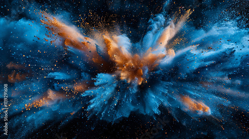 A stunning display of blue and orange powder exploding on a black canvas, captured in high-definition, with intricate details and a captivating burst of color.