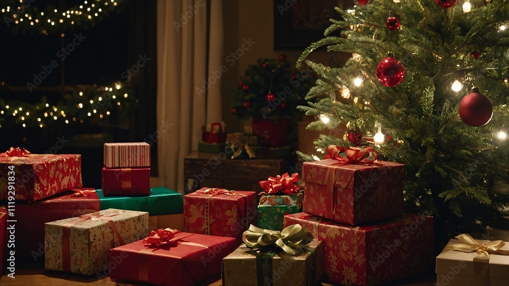 Obraz premium Christmas Cheer: A Christmas tree adorned with twinkling lights and ornaments stands tall, surrounded by a mountain of wrapped gifts, radiating festive joy and anticipation.