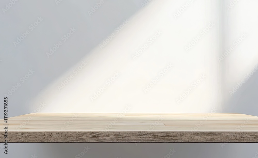 Empty light wooden table top in a blurred white nterior background with copy space for product display montage Empty light wooden table top in a blurred white nterior background with copy space for product display montage