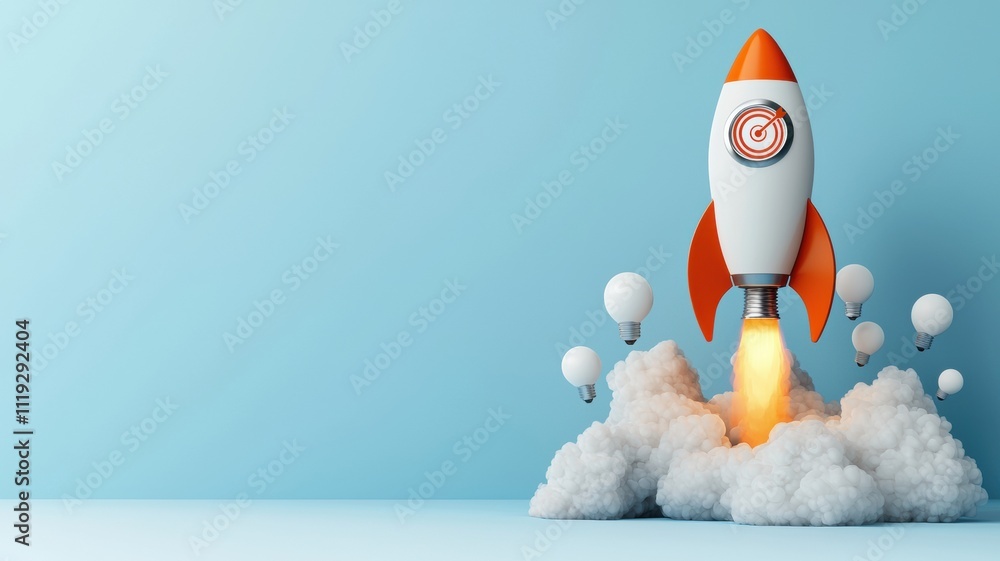 A colorful rocket launches upward against a blue background, surrounded by clouds and representing innovation, exploration, and creativity. A colorful rocket launches upward against a blue background, surrounded by clouds and representing innovation, exploration, and creativity.