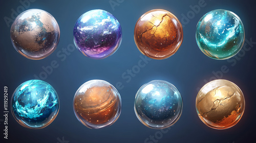 Fantasy space planets set for ui galaxy game. Vector cartoon icons of alien world, cosmic objects with solid sphere core and transparent bubble shell cover on blue background, astronomy collection photo