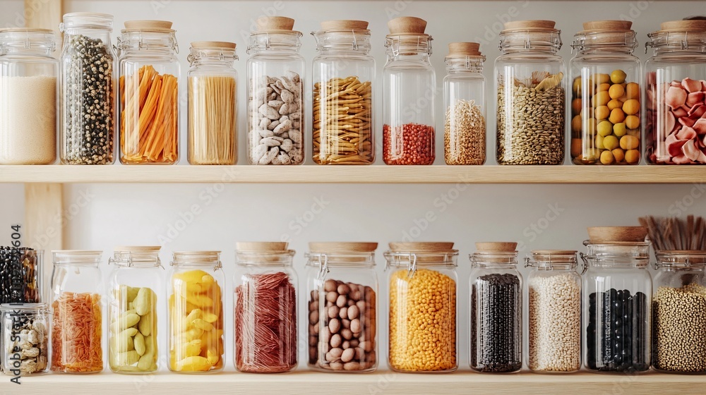 Glass jars filled with various dried foods and grains neatly organized on wooden shelves. Generative ai Glass jars filled with various dried foods and grains neatly organized on wooden shelves. Generative ai
